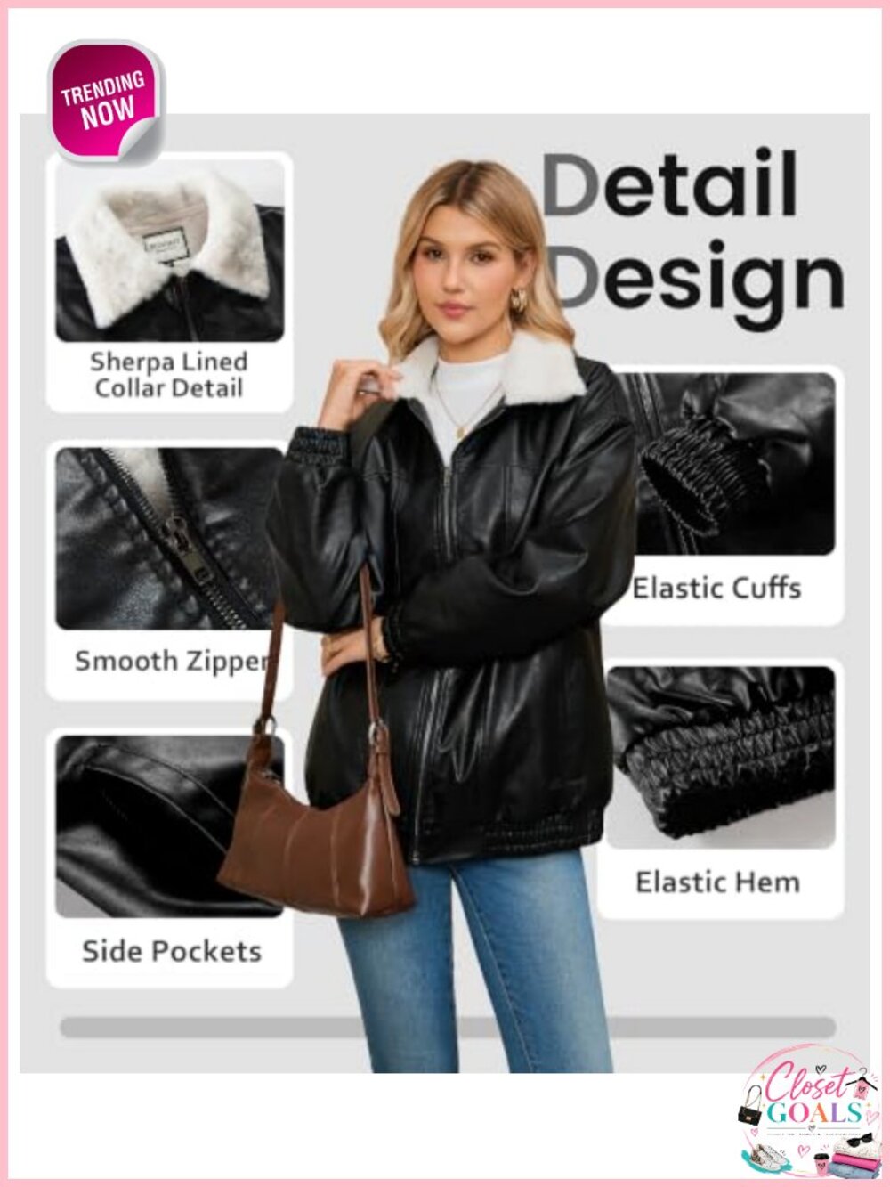 WINDFIT Women's Faux Leather Jacket Fleece Lined Zip Ribbed Oversized Coat - Picture 5 of 6